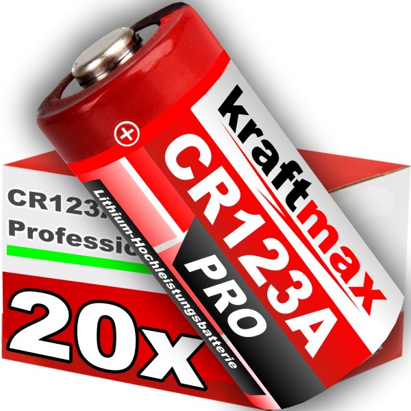 Kraftmax 20er Pack CR123 / CR123A Lithium Hochleistungs- Batterie für professionelle Anwendungen
