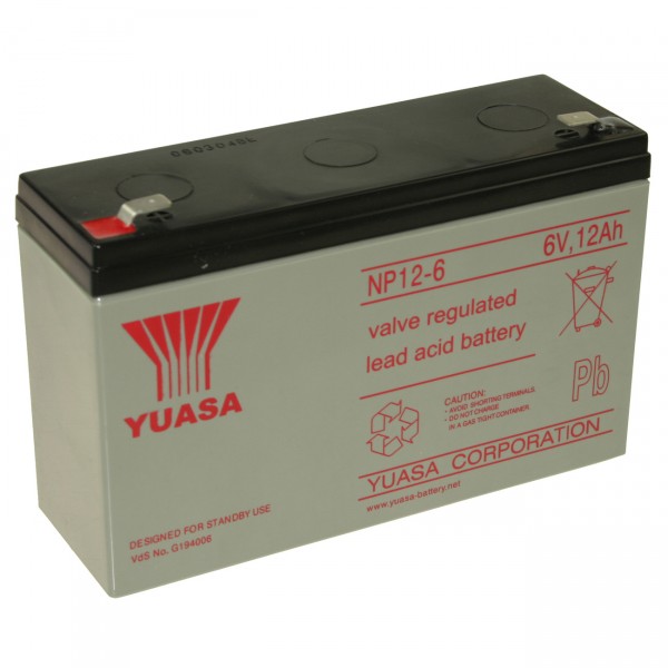 Yuasa Blei - Akku NP12-6 Pb - 6V / 12Ah - Faston 6,3mm / Blei Akku mit VdS Zulassung