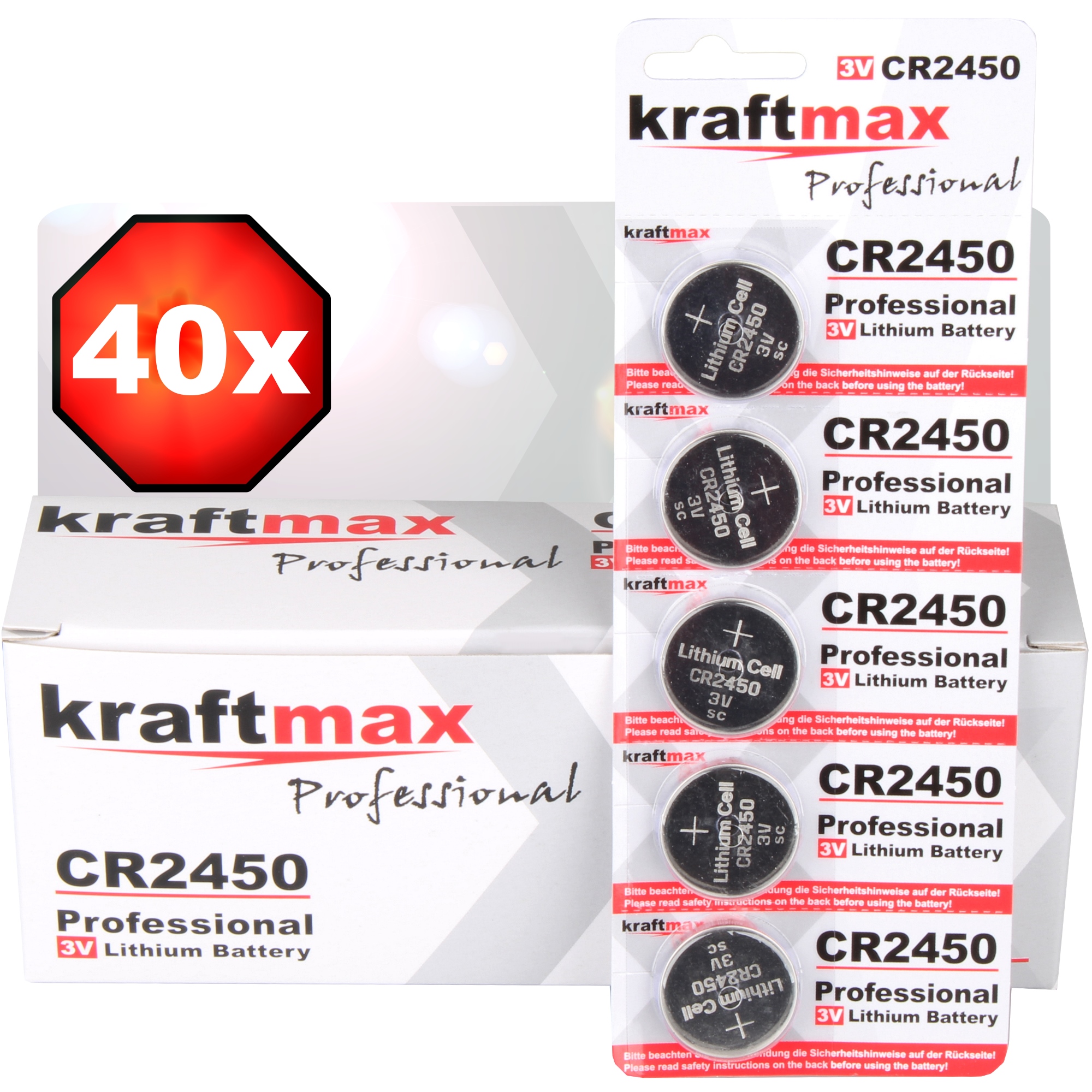 Kraftmax 40er Pack CR2450 Lithium Hochleistungs- Batterie / 3V CR 2450  Knopfzelle