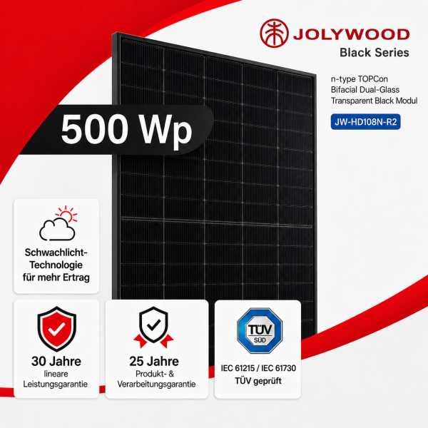 Jolywood 500 Wp Solarmodul Black Series JW-HD108N-R2 Glas-Glas bifazial n-Type J-TOPCon 0% MwSt.