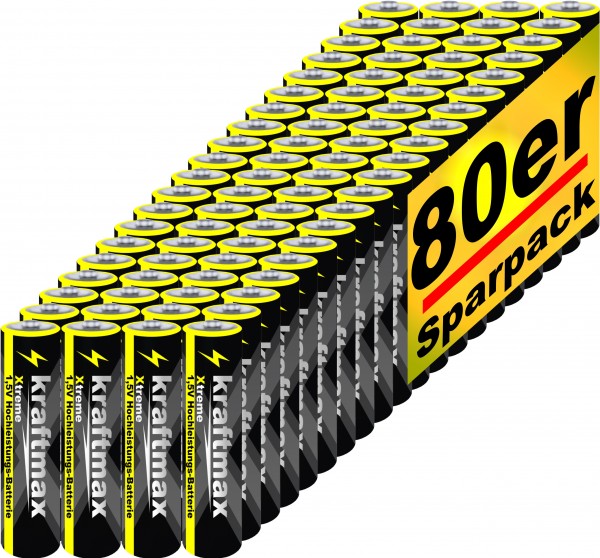 Kraftmax 80er Pack Micro AAA 1,5V Alkaline Batterie - Xtreme Industrial Hochleistungsbatterie