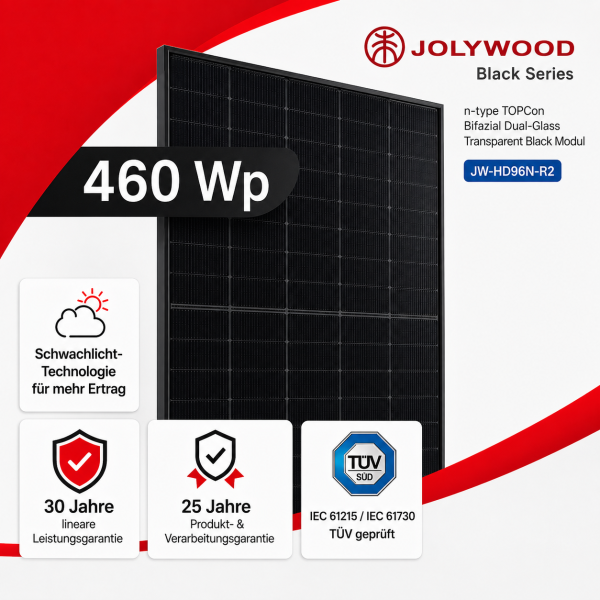 Jolywood 460 Wp Solarmodul Black Series JW-HD96N-R2 Glas-Glas bifazial n-Type J-TOPCon 0% MwSt.