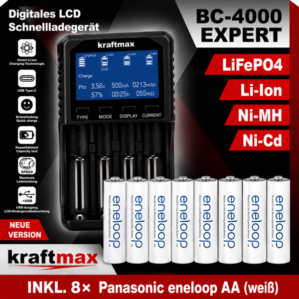 Kraftmax Original BC-4000 EXPERT Ladegerät + 8 Panasonic Eneloop Mignon AA Akkus