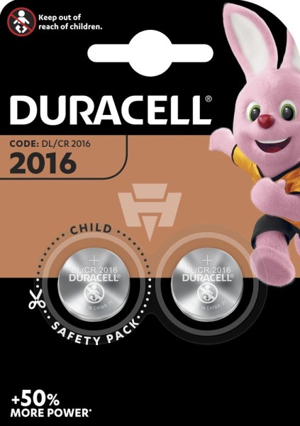 2er Blister Duracell Knopfzelle CR2016 Lithium - 3V / 72mAh - 3 Volt CR 2016 Batterie