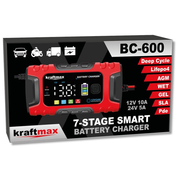 Kraftmax BC-600 10A KFZ Autobatterie Ladegerät 12V/24V, 7-Stufiges vollautomatisches Smart-Ladegerät