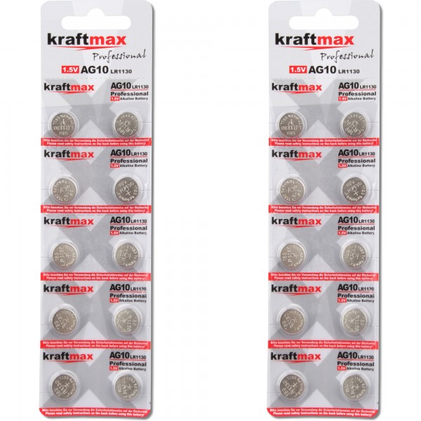 Kraftmax 20er Pack Knopfzelle Typ 389 (AG10 / LR1130 / LR54) Hochleistungs- Batterie 1,5V Uhr