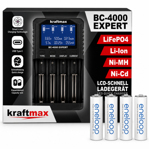 Kraftmax Original BC-4000 EXPERT Ladegerät + 4 Panasonic Eneloop Mignon AA Akkus