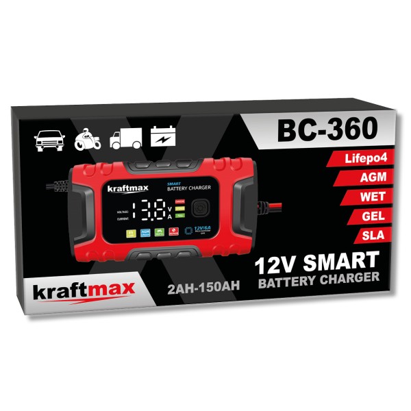 Kraftmax BC-360 6A KFZ Autobatterie Ladegerät 12V, 3-Stufiges vollautomatisches Smart-Ladegerät mit