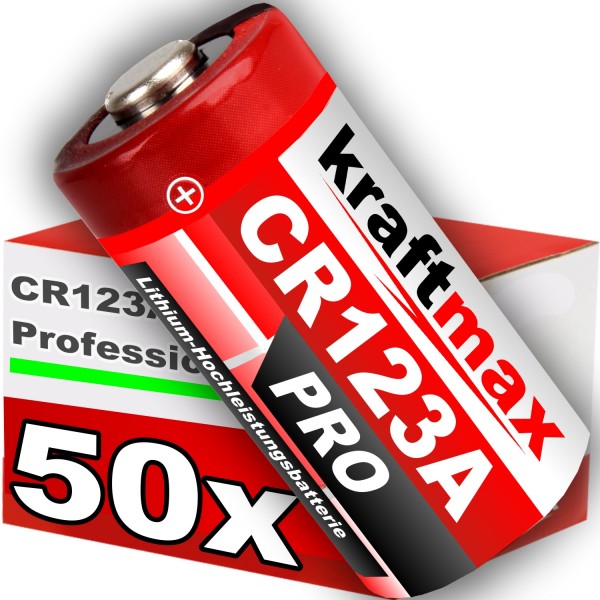 Kraftmax 50er Pack CR123 / CR123A Lithium Hochleistungs- Batterie für professionelle Anwendungen
