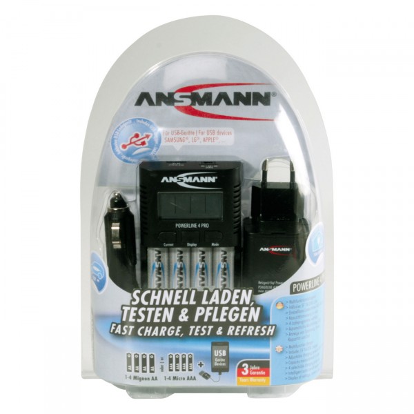 Ansmann Powerline 4 pro Ladegerät / USB - für Ni-Mh / Ni-Cd Akku - AAA Micro und AA Mignon Akkus