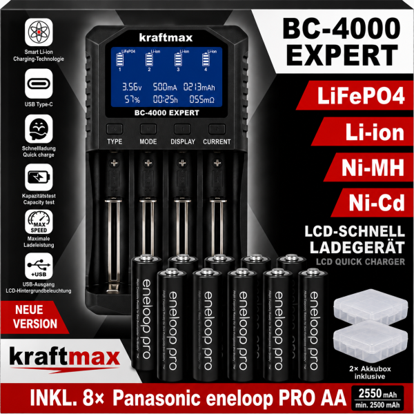 kraftmax Original BC-4000 EXPERT Ladegerät + 8 Panasonic Eneloop Pro Mignon AA Akkus