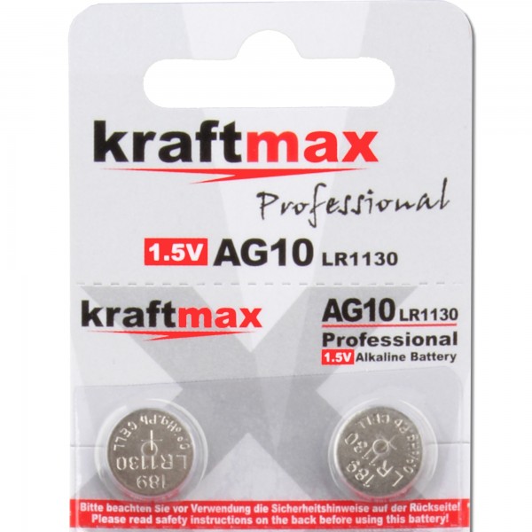 Kraftmax 2er Pack Knopfzelle Typ 389 (AG10 / LR1130 / LR54) Hochleistungs- Batterie / 1,5V Uhrenbatt