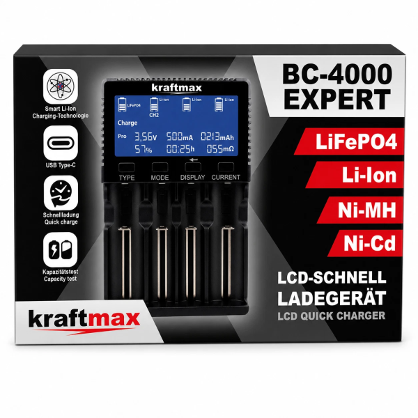 Kraftmax BC-4000 Expert USB-C Analyse Ladegerät 3A Li-Ion NiMH LiFePO4 AA & AAA