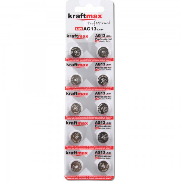 Kraftmax 10er Pack Knopfzelle Typ 357 (AG13 / LR1154 / LR44) Hochleistungs- Batterie 1,5V Uhr