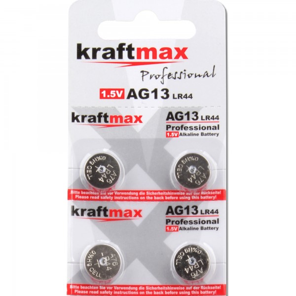 Kraftmax 4er Pack Knopfzelle Typ 357 (AG13 / LR1154 / LR44) Hochleistungs- Batterie 1,5V Uhr