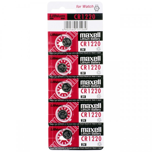5er Blister Maxell Lithium-Knopfzelle CR1220 - 3V / 38mAh - 3 Volt Lithium CR 1220 Batterie