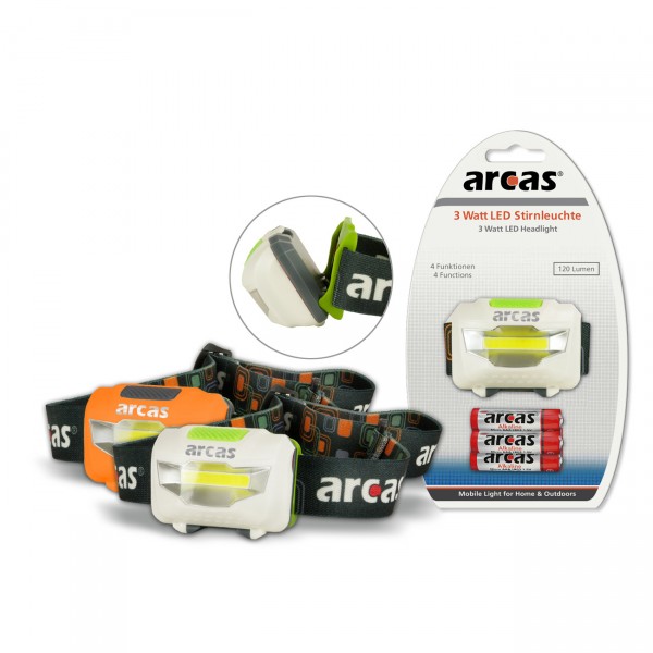 Arcas 3 Watt LED Stirnleuchte 120 Lumen inkl. 3x AAA Batterien - Stirnlampe Kopflampe Kopfleuchte
