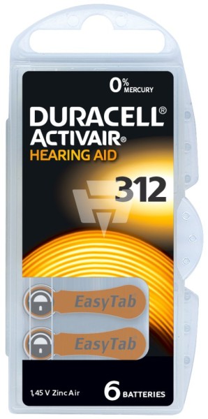 6er Pack Duracell Hörgerätebatterie Activair 312 - 1,45V / 160mAh - Zink Luft Hörgeräte Batterie