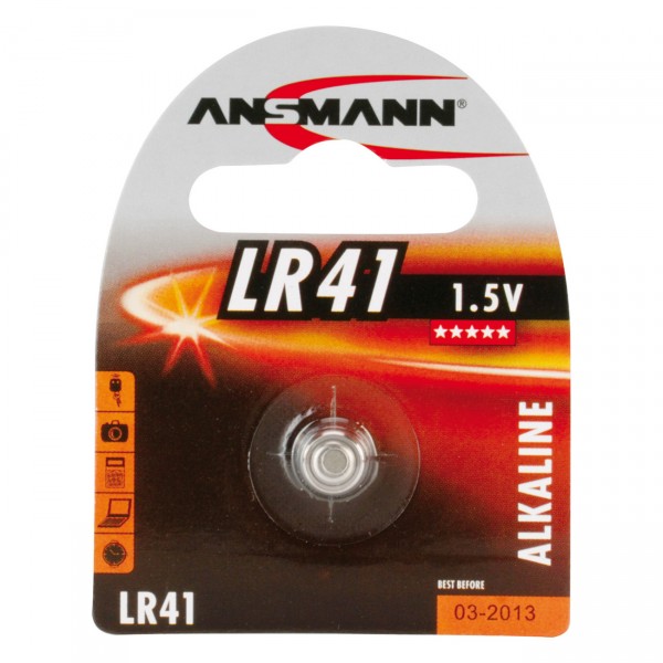 1er Blister Ansmann Alkaline-Knopfzelle LR41 / AG3 - 1,5V / 30mAh - 1,5 Volt Alkaline LR 41 Batterie
