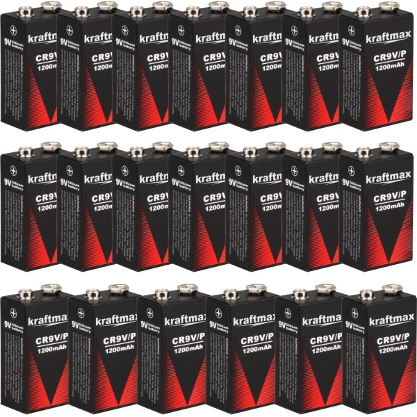 20x Kraftmax 9V Block Lithium Hochleistungs- 10 Jahres- Batterien für Rauchmelder / Feuermelder