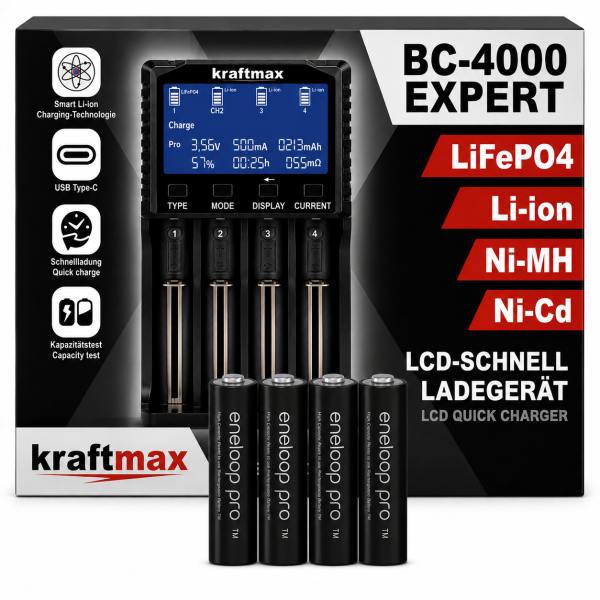 kraftmax Original BC-4000 EXPERT Ladegerät + 4 Panasonic Eneloop Pro Mignon AA Akkus