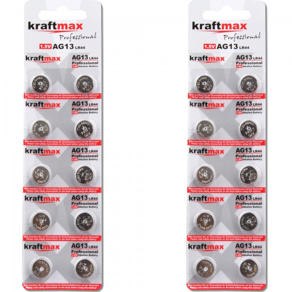 Kraftmax 20er Pack Knopfzelle Typ 357 (AG13 / LR1154 / LR44) Hochleistungs- Batterie 1,5V Uhr