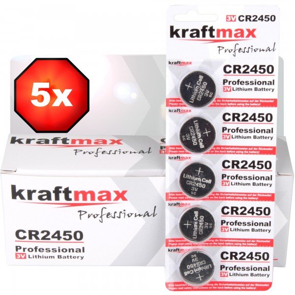 Kraftmax 5er Pack CR2450 Lithium Hochleistungs- Batterie / 3V CR 2450 Knopfzelle