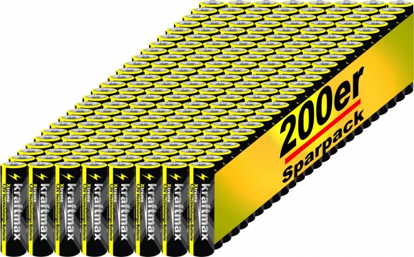 Kraftmax 200er Pack Mignon AA 1,5V Alkaline Batterie - Xtreme Industrial Longlife Performance
